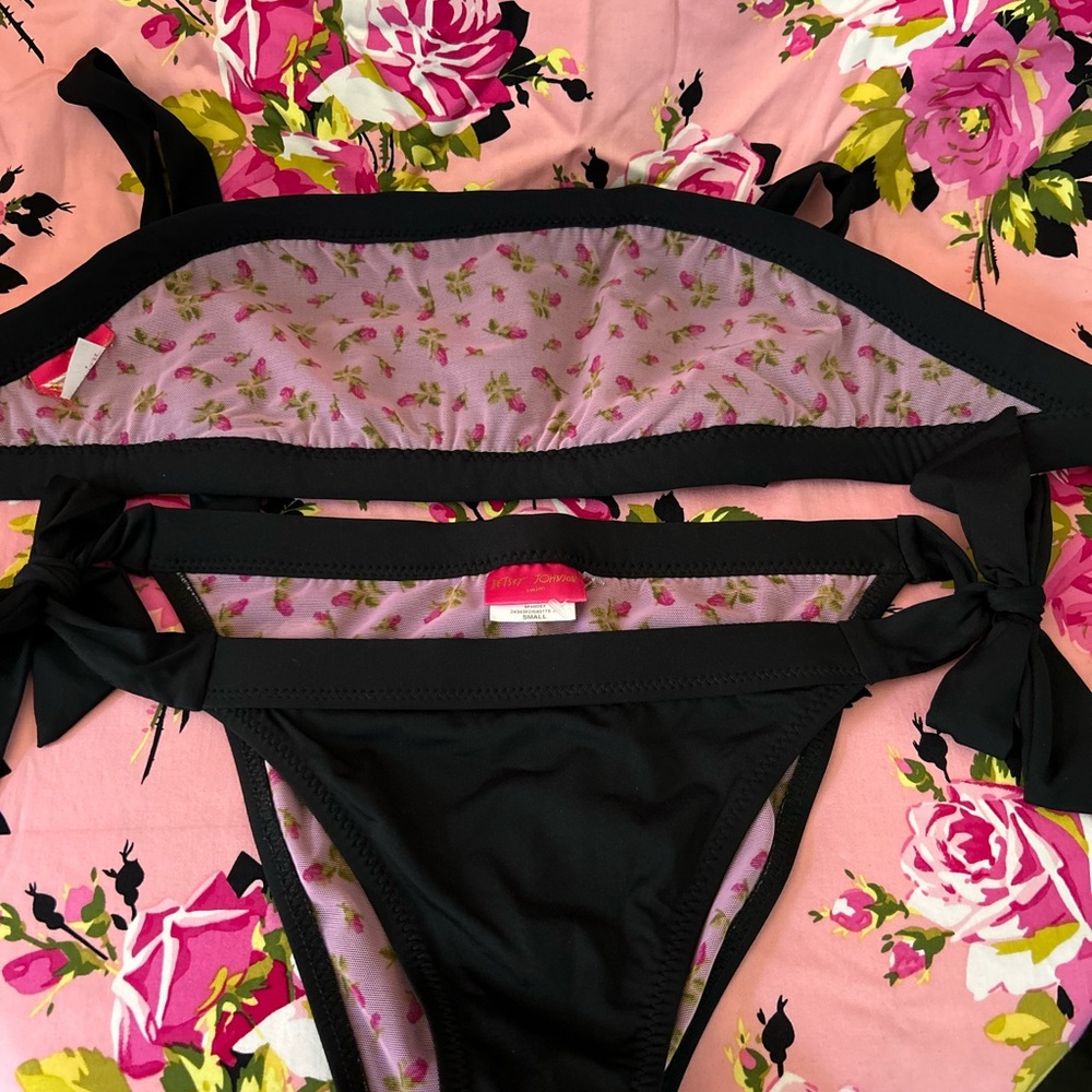 Betsey Johnson vintage black sequin bow bikini swimsuit cabaret burlesque goth - Picture 3 of 11